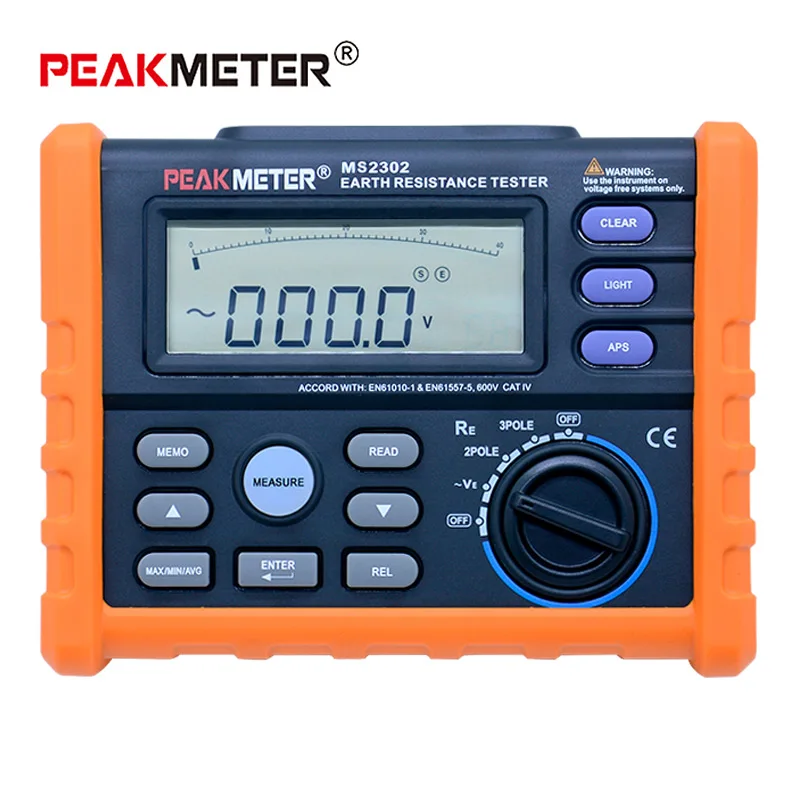 PEAKMETER PM2302 Digital Earth Resistance Tester Digital Display & Analog Bars 0 ~4K Ohm 100 Groups