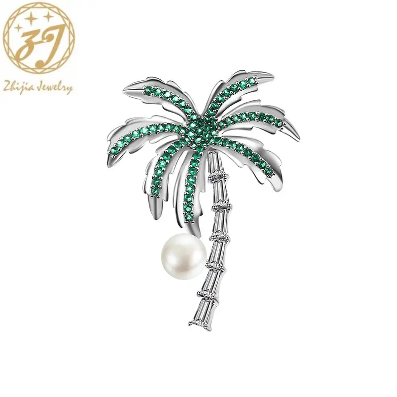 

Zhijia elegant delicate rhinestone pearl coconut tree pins brooches for women party jewelry accessories