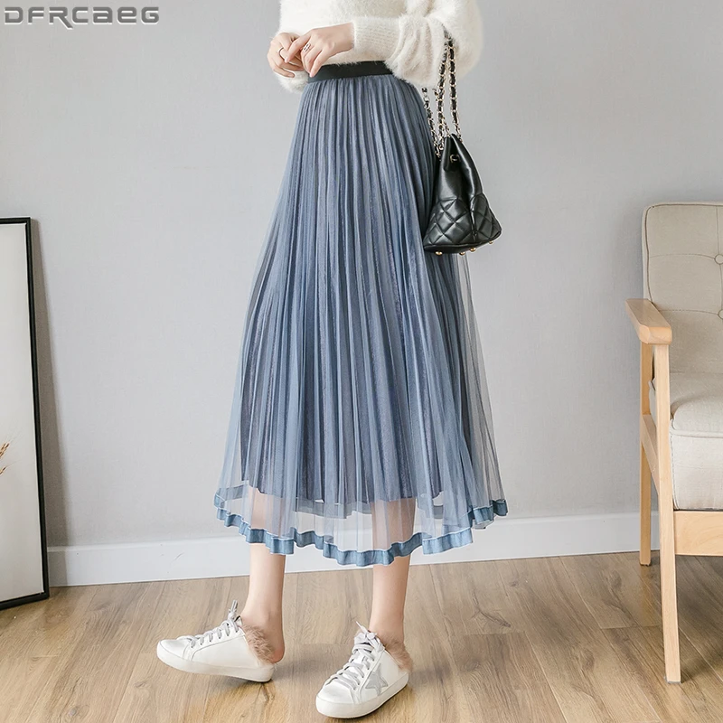 

7 Colors Fashion Winter Mesh Midi Skirt Women Elastic High Waist Pleated Jupe Femme Vintage Velvet Patchwork Tulle Skirt Female