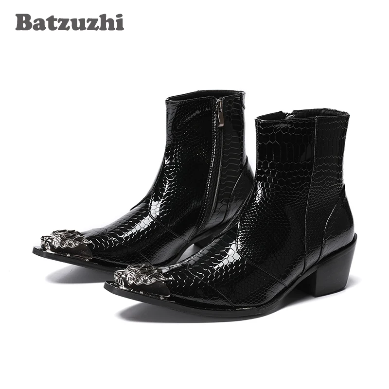 

Batzuzhi 6.5CM High Heel Men Boots Black Genuine Leather Ankle Boots Men Metal Pointed Toe Zip Motorcycle Party Boots Botas Hom