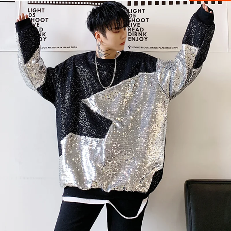 Shiny Sequin Splicing Men's Loose Casual Pullover Hoodie Tees Shirts Tide Male Hip Hop Street Dance Tops T-Shirt Stage Costume