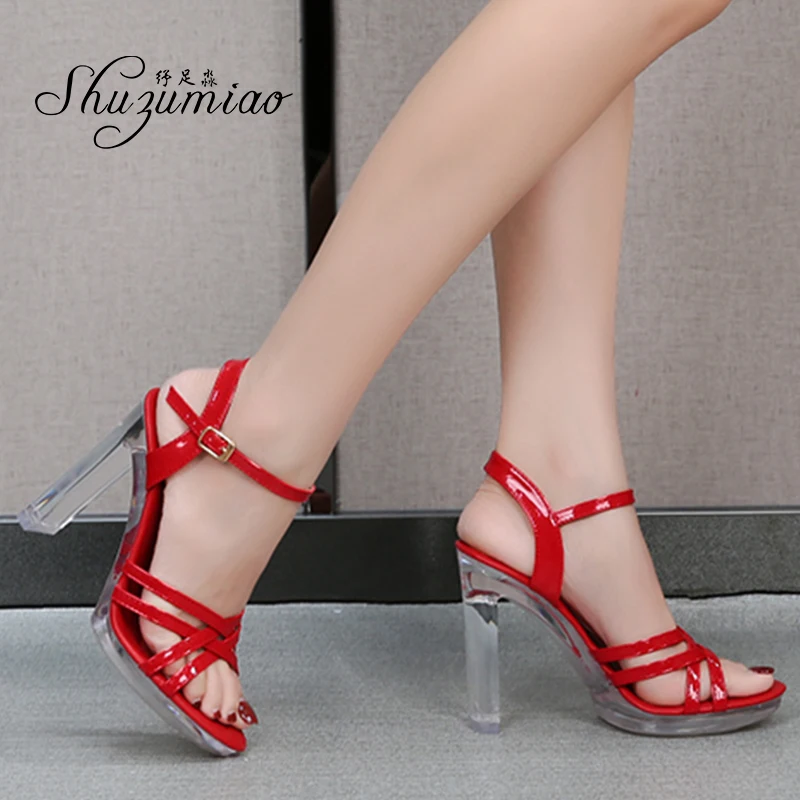 Shuzumiao Woman Shoes Rhinestones Patent Leather Sandals 2020 Summer New Female Square Crystal Heel High Heels 11cm Catwalk Shoe