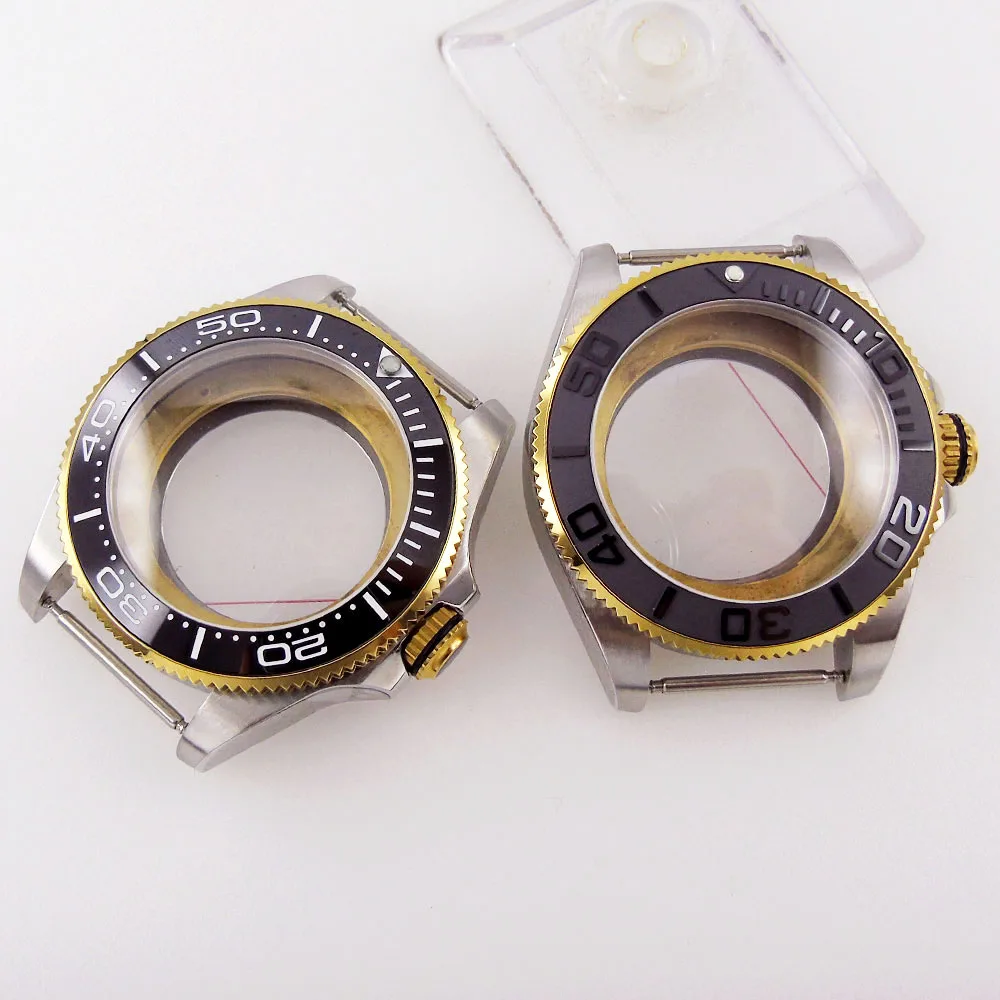 

For NH35 NH36 Miyota 8215 821A ETA 2836 43mm Watch Case Parts Sapphire Crystal Gold Plated Rotating Bezel Screw In Crown