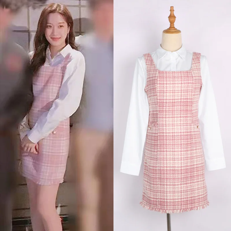 2 Piece Set Women Korean Drama TV Star Moon Ga Young Pink Plaid Dress And White Shirt Two Piece Sets Ladies Elegant Party Suits