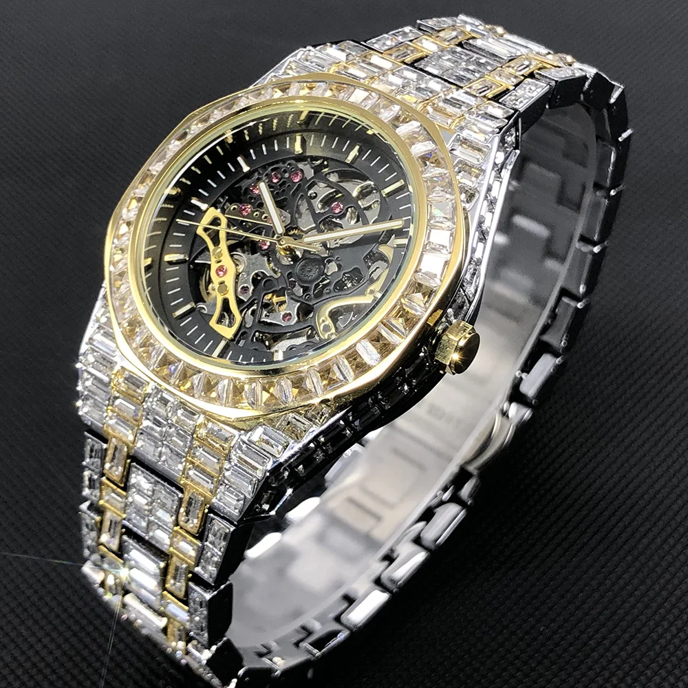 MISSFOX 2023 New Mechanical Watch For Men Luxury Full Diamond Automatic Wristwatch Hip Hop Fashion Bling Male Watches Best Sale