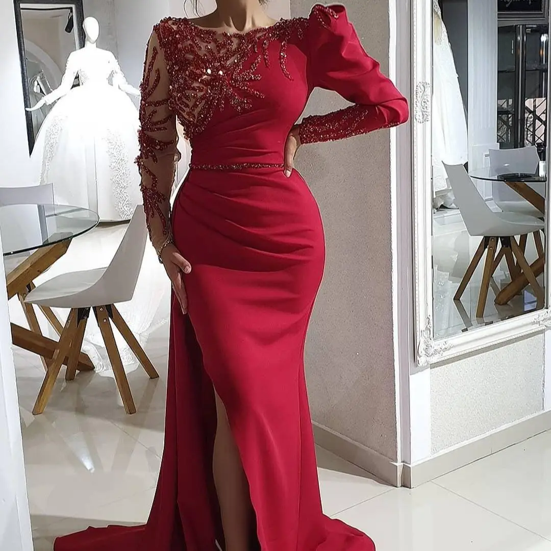 Robe de soirée luxueuse rouge arabe pour femmes, tenue de bal de forme sirène, avec des cristaux perlés, à manches longues