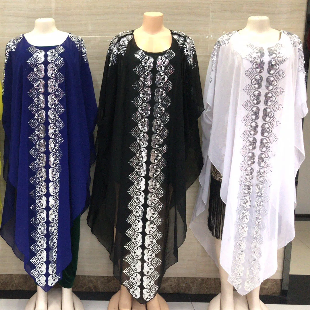 New Style African Women\'s Clothing Dashiki Abaya Fashion Chiffon Fabrics Nail Bead Sequins Loose Dress Free Size One Piece