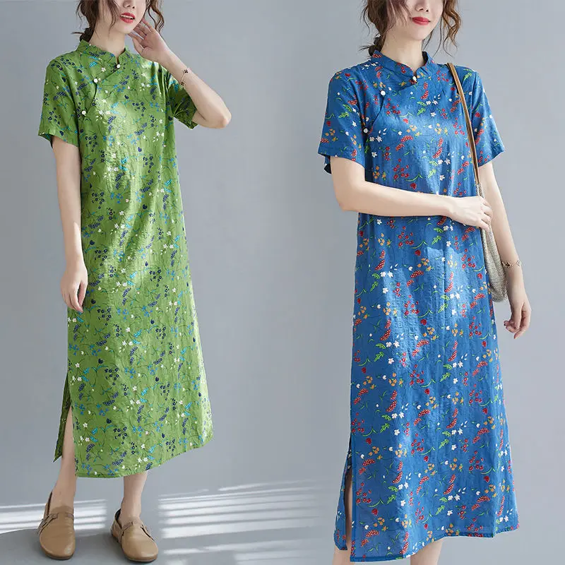 

2022 Summer New Loose Cotton Linen Print DressWomen Clothing Fashion Stand-up Collar Short Sleeve Female Retro Cheongsam aq320