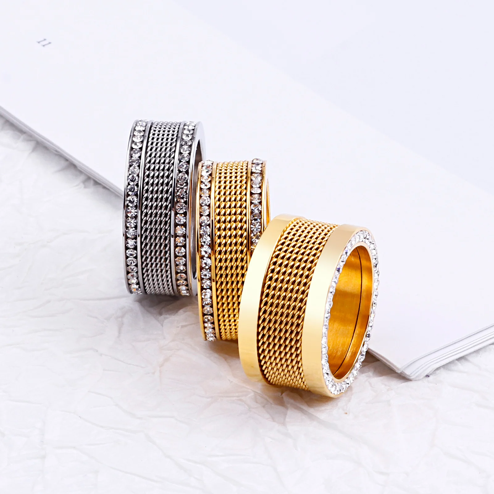 Trendy Weave Grid Rings For Women Gold Silver Color Stainless Steel Cubic Zircon Wedding Bands Rings Mujer Jewelry Wholesale