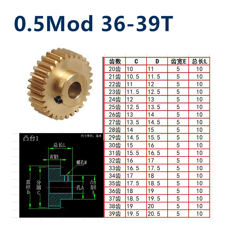 1pc Convex Step Copper 0.5 Die 36 37 38 39 Teeth Small Module Precision Gear 0.5mod 36T Pinion