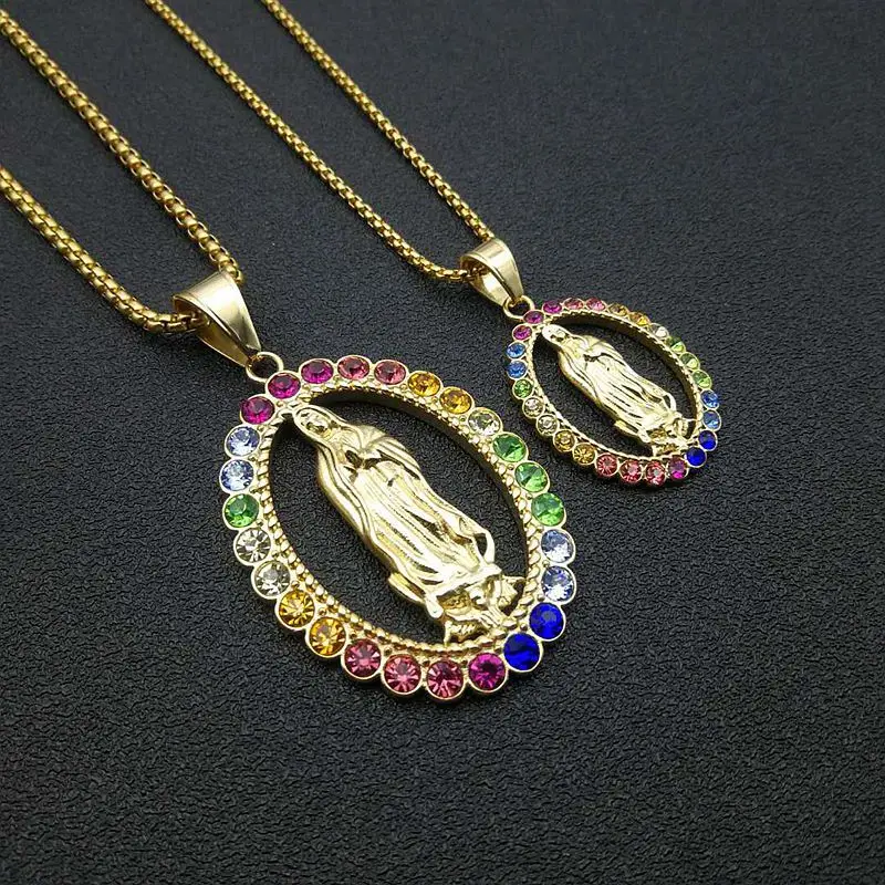 Blessed Virgin Mary Pendant Necklace Men Quality colorful Gold-Color Stainless Steel Chain Necklace for Men Faith Jewelry