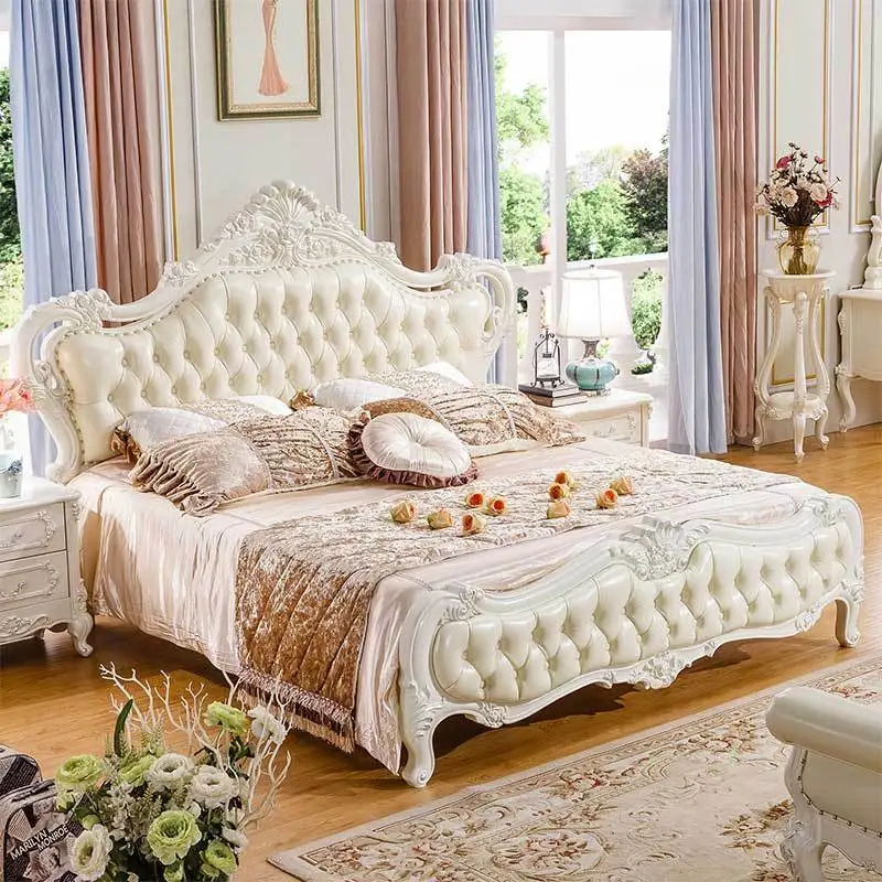 European bed, double bed, French leather wooden bed, carved bed, garden princess bed and luxurious bed