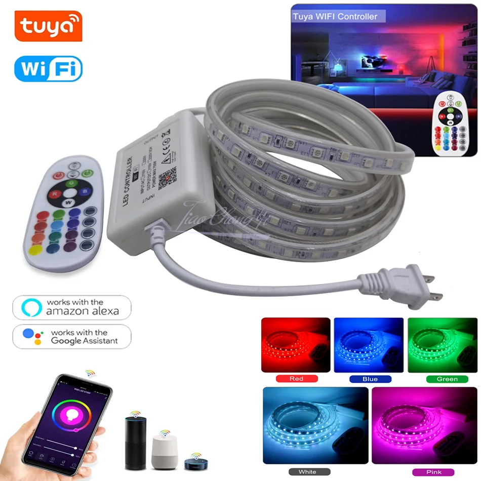 

Tuya App WiFi Smart led controller IR Voice Control with AC110V 220V 5050 RGB 60led/m Flexible LED Strip Tape IP67 Waterproof