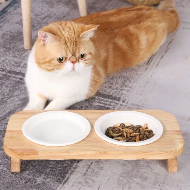 Cat Bowl Ceramic Solid Wood Bowl Rack Cat Food Bowl Cat Rice Bowl Cat Bowl Feeding Tableware Cat Food Basin Pet Supplies