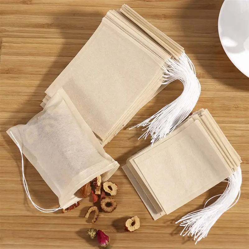 100Pcs Teabags Biodegradable Paper Tea Bag Drawstring Eco-Friendly  Filter Empty Tea Bags  Loose Leaf Tea Powder Herbal Medicine