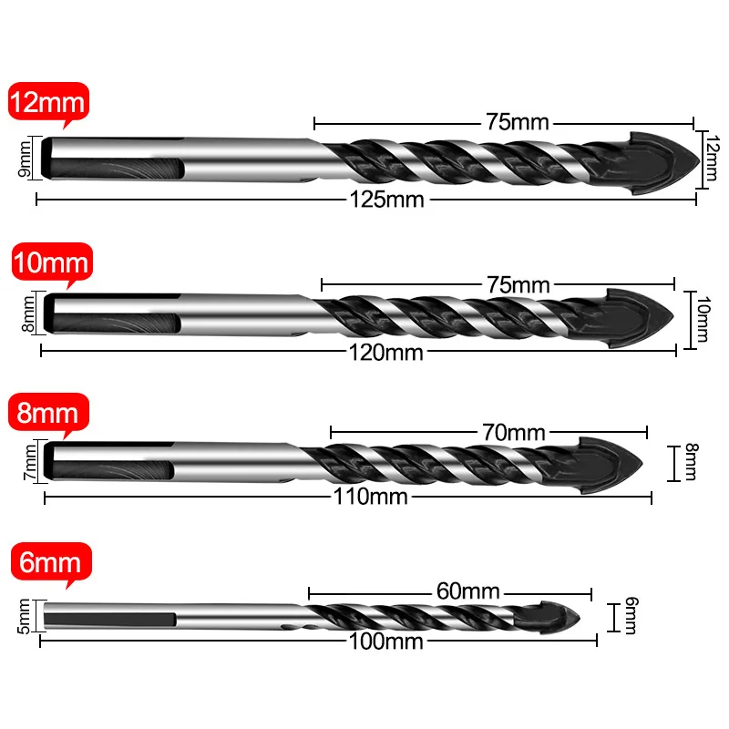 6mm 8mm 10mm 12mm 타일 유리 벽돌 벽 나무 구멍 오프너 다목적 카바이드 재료 빨간색 삼각형 핸들 벽 드릴
