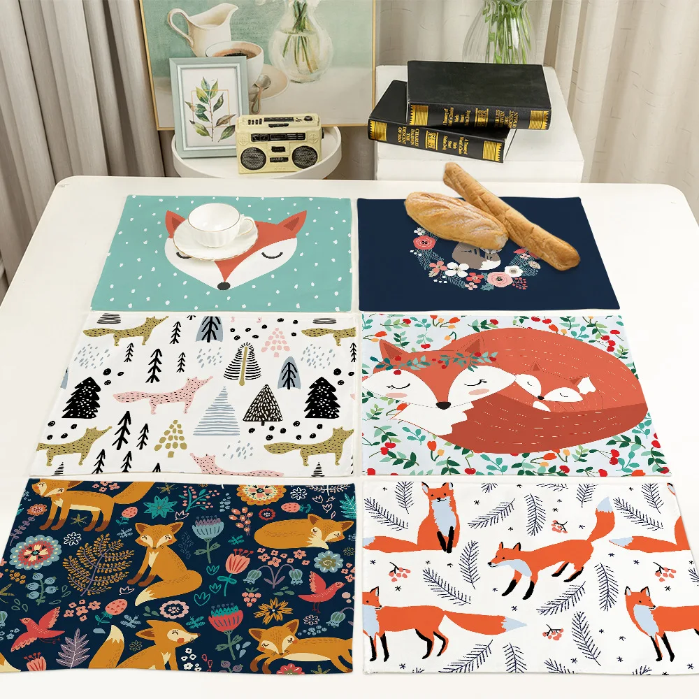 Christmas Drink Coaster Placemats Red Fox Printed Faux Linen Dining Table Mat Pad Coffee Bar kitchen decoration accessories