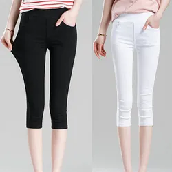 Women's Summer Black Leggings Slim Thin Stretch Trousers White Casual Capris Pencil Pants