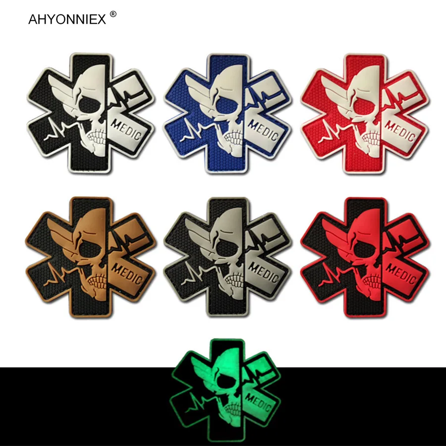 1PC 3D Embroidered PVC Soft Rubber MEDIC Skull Medical Soldier Patch Tactical Military Sew On Flag Stickers Jeans Clothes Bags