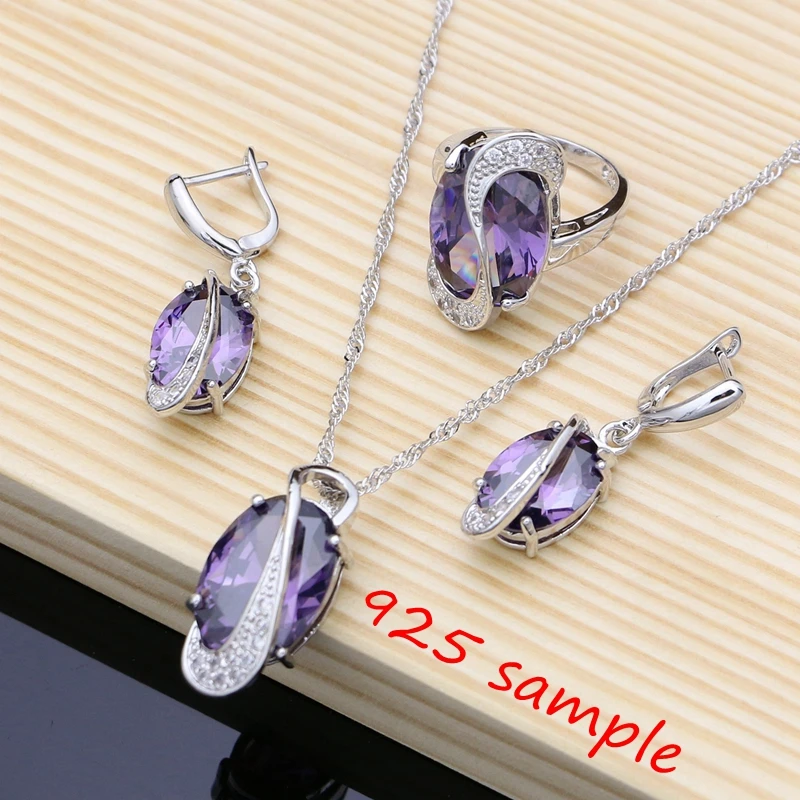 Natural Purple Amethyst White Topaz Silver 925 Jewelry Set Gemstone Birthstone Exquisite Lady Earring Ring Necklace Fashion Kit