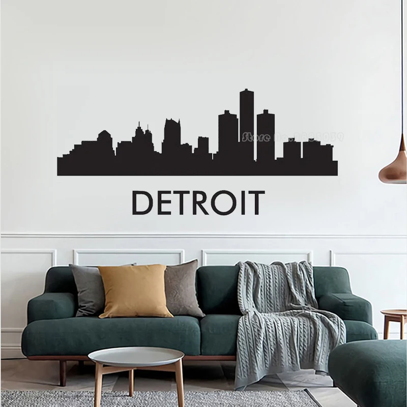 Detroit Michigan City Skyline Wall Decal Vinyl Wallpaper Living Room Background Wall Stickers Home Bedroom Decor Murals LL2557