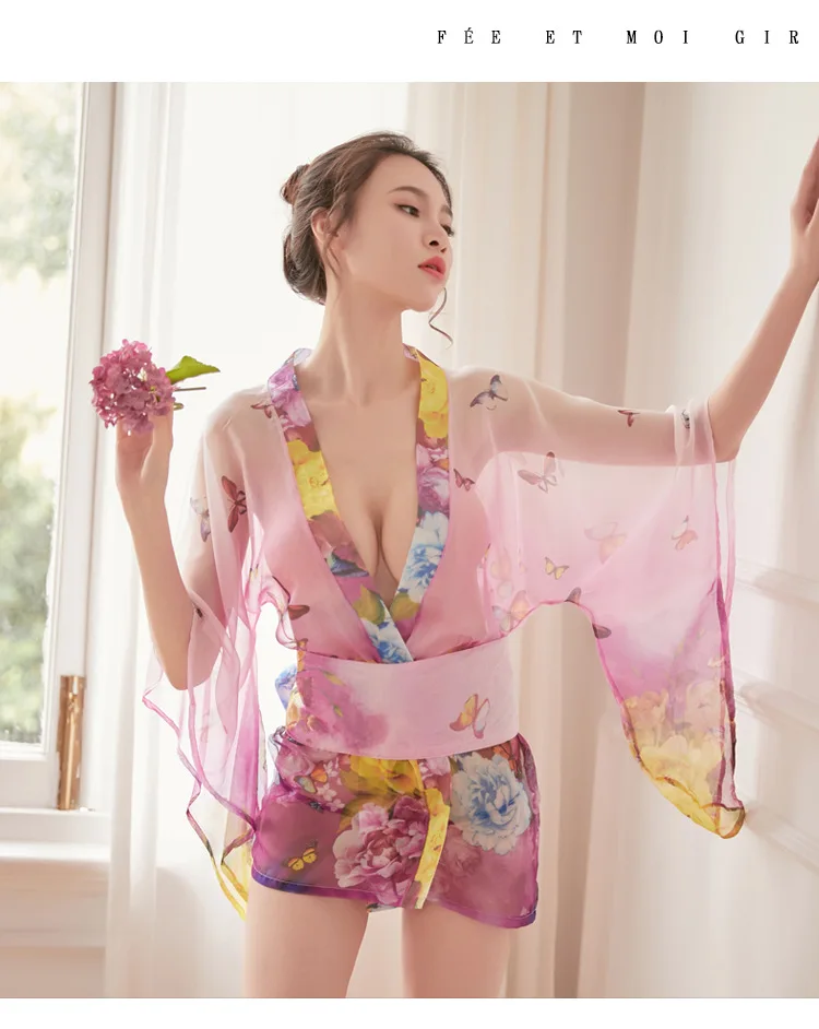 2025 Sexy Lingerie Printed Chiffon Kimono Bathrobe Women Nightdress Pajamas Dressing Gowns Perspective Robe Sets Sleepwear