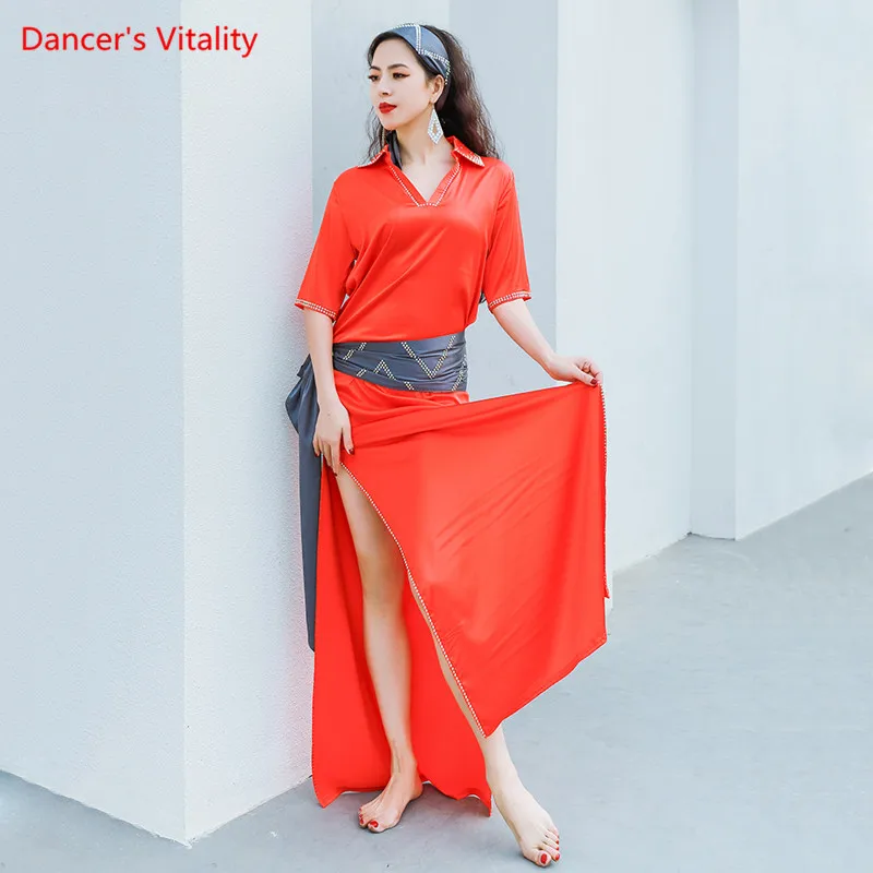 Robe de danse du ventre en satin à demi-manches pour femmes, vêtements de performance féminins, jupe longue élégante, vêtements d'entraînement de compétition