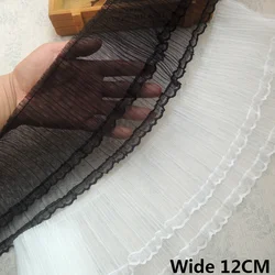 12CM Wide White Black Double Layers Tulle Embroidered Ribbon Pleated Mesh Elastic Ruffle Trim Wedding Dress Fringe Sewing Decor