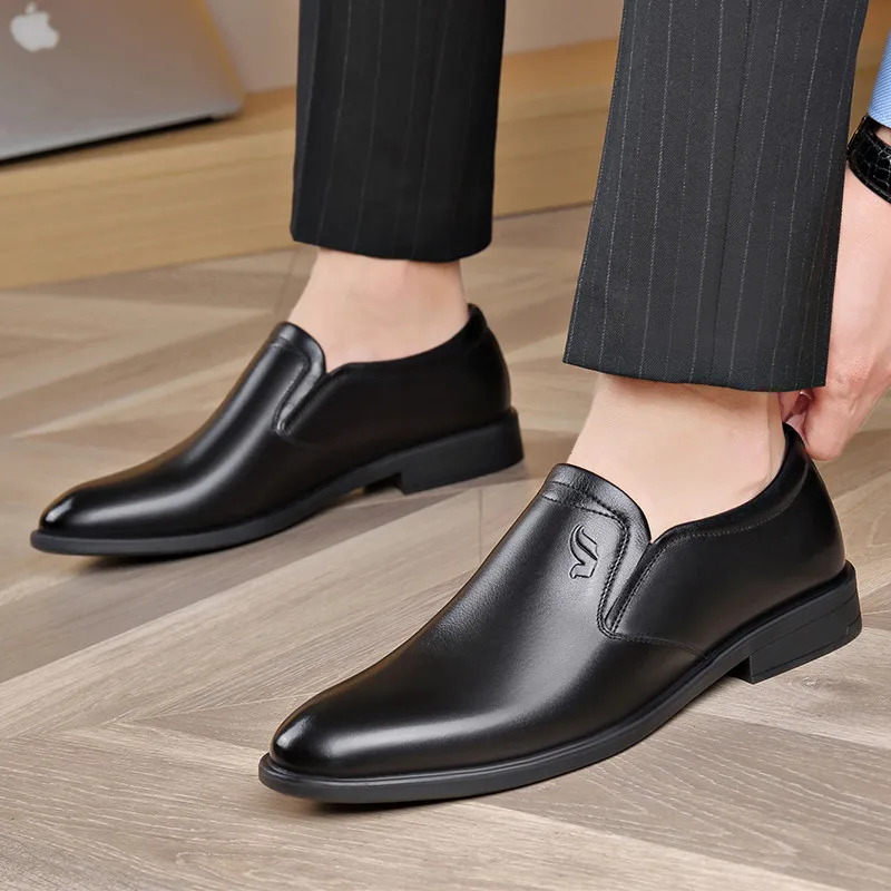 New  Fashion  Genuine Leather Concise Men Business Round Toe Black Shoes Breathable Formal Wedding Basic Shoes Men Dress Shoes