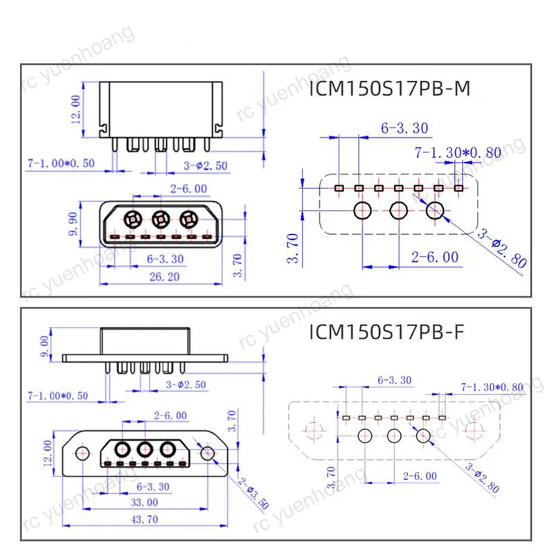 4PCS RC Aircraft Amass ICM150S17PB 20A Power Supply Battery Plug Gold-plating Male Female Bullet Connector DIY Connecting Parts