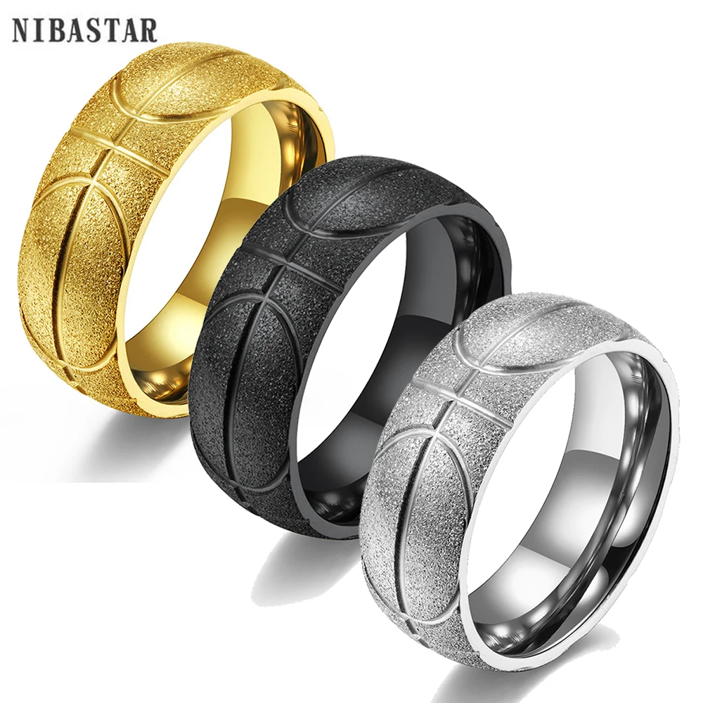 

Simple Basketball Logo Ring For Men Boy Matte Stainless Steel Hip Hop Frosted Finger Accessories Street Sports Gift