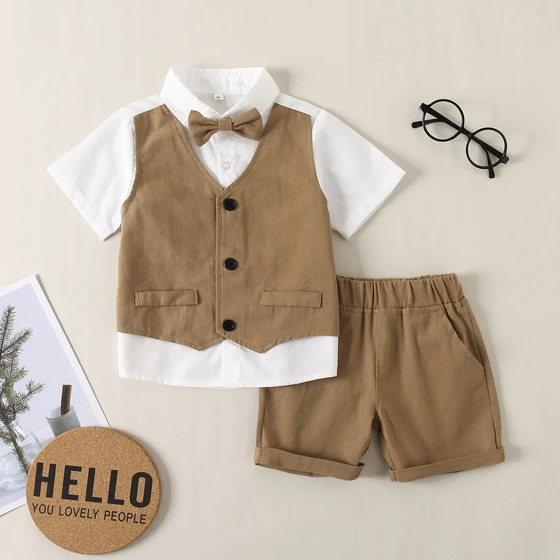 

Toddler Boy Clothes New Boys Suits Summer Sets Kids Shorts Shirt Fake Vest Childrens Clothes Gentleman Formal Student Outfit