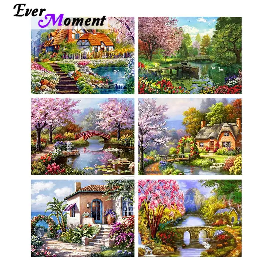 Ever Moment Diamond Painting Landscape Picture Pink Tree Handmade Resin 5D Full Square Round Drill Embroidery Decoration ASF2140