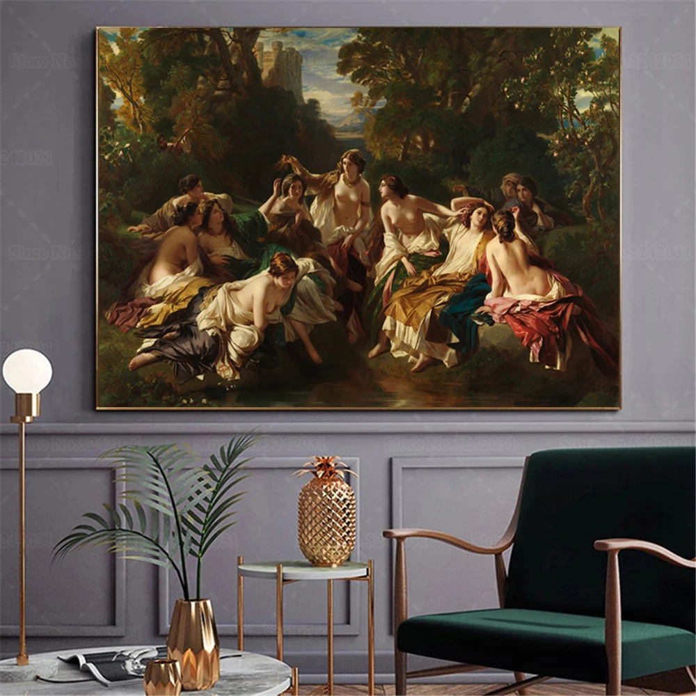 Franz Winterhalter Florinda Canvas Painting King Roderic and Palace Girls Bathe In Garden Charming Poster Wall Art Decor