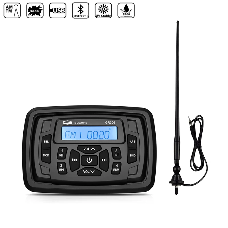 

Waterproof Marine Stereo Bluetooth Boat Audio FM AM Car MP3 Player+Boat Radio Antenna For RV UTV Golf Cart Tractor Motorcycle