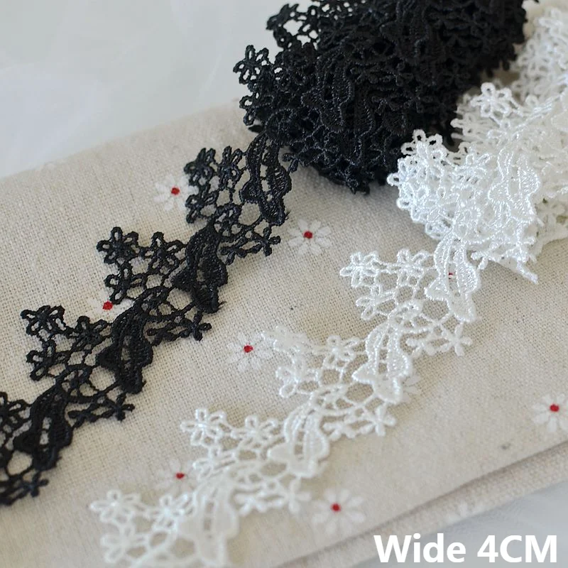 4CM Wide Exquisite White Black Polyester Cotton Embroidered 3d Flowers Lace Fringe Ribbon Collar Edge Trim Dress Applique Decor