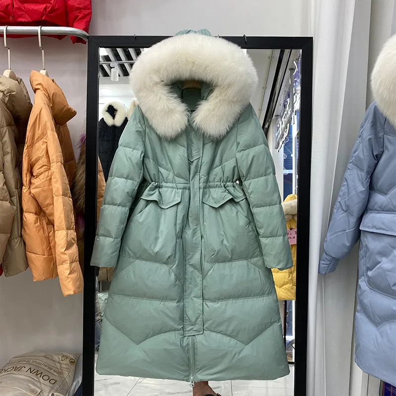 Fashion 2021Slim Winter Jacket Women Coats 90% White duck down Real Fox Fur Casual Green Black Beige Yellow Blue Long Parkas