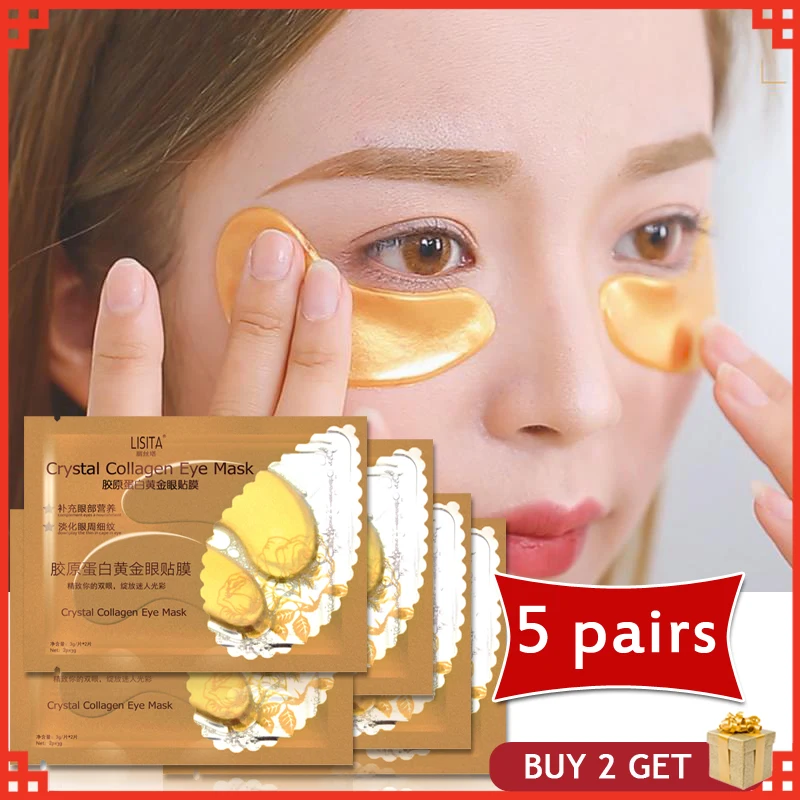 10Pcs=5Pair 24K Gold Crystal Collagen Eye Mask Dark Circles Remove Eye Patches For Eye Care Bags Remove Anti-Aging Wrinkle