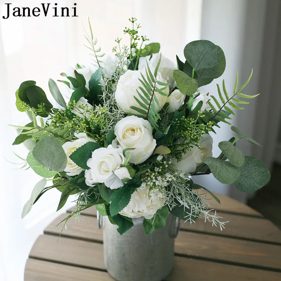 JaneVini Ins Nordicสไตล์งานแต่งงานเจ้าสาวดอกไม้สีขาวประดิษฐ์RoseสีเขียวEucalyptusผ้าไหมเจ้าสาวBouquet De Mariage Champêtre