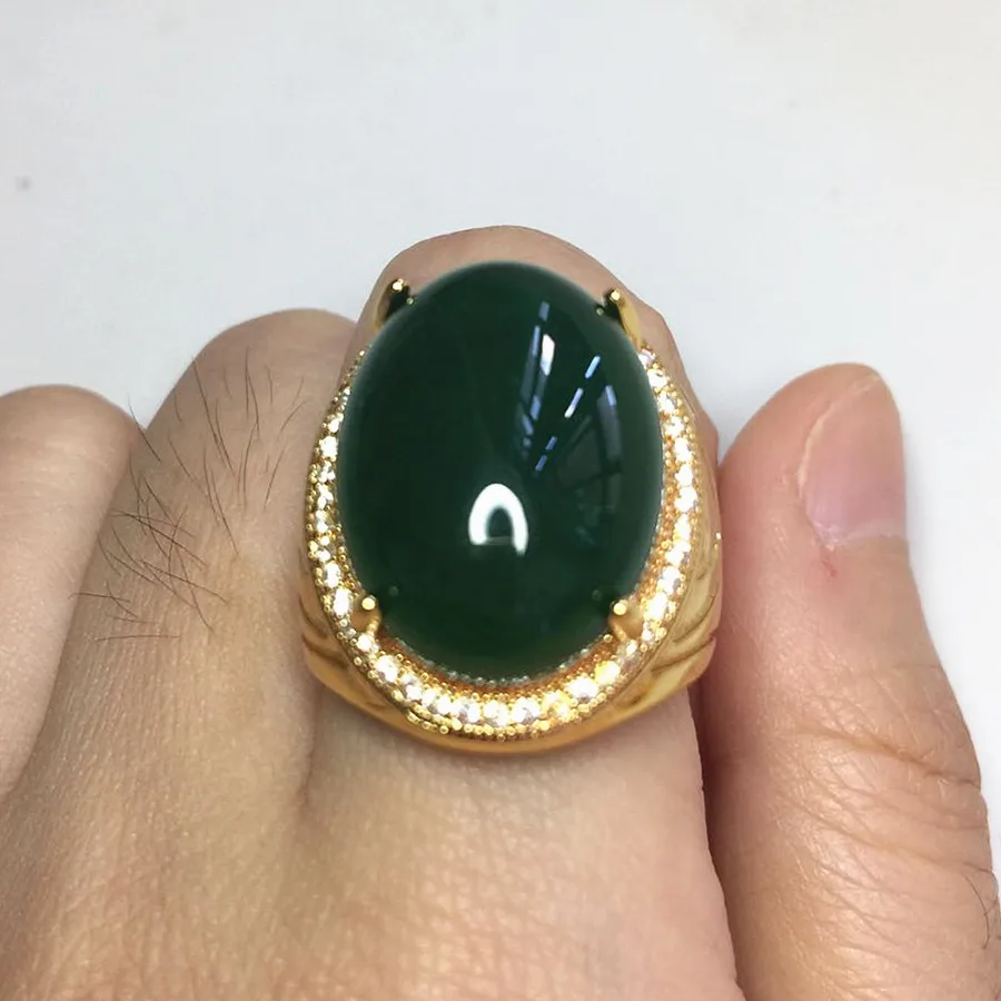 

Vintage luxury Big oval green jade emerald gemstones diamonds rings for men gold color jewelry bague bijoux fashion accessories