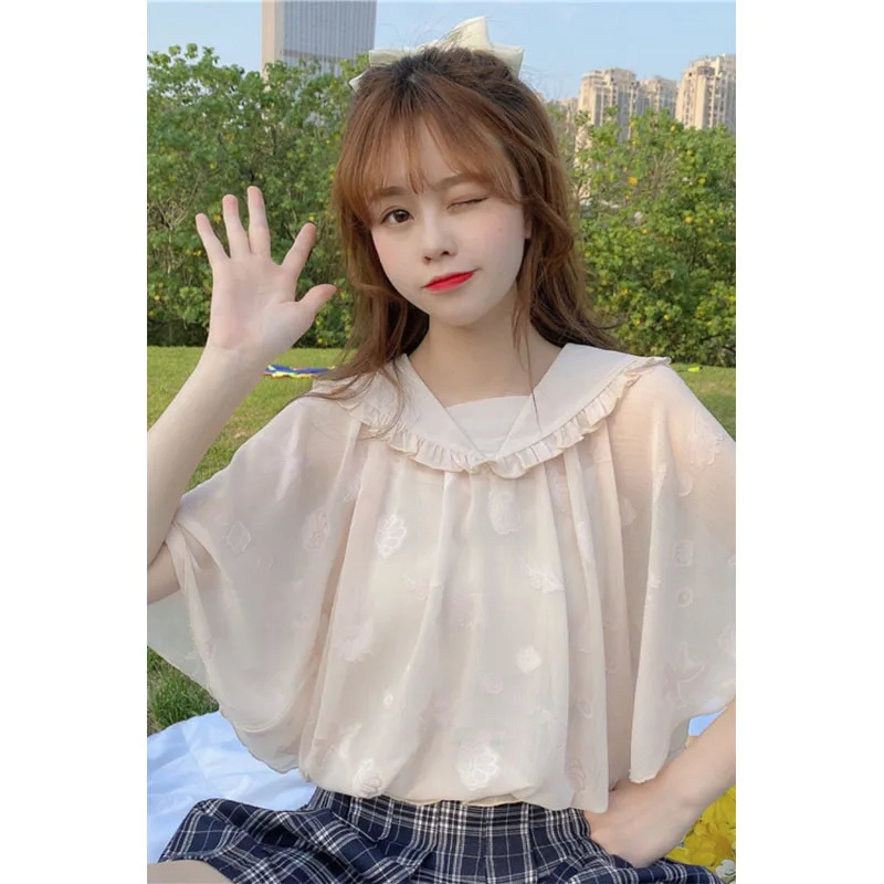 Lolita Fashion Shirt College Student Girl Casual Loose Batwing Sleeve Solid Doll Collar Blouse Chiffon Short Sleeve Tops Summer