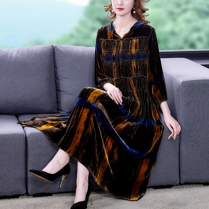 

ZUOMAN jacquard Patchwork Velvet Dress Vintage Spring And Autumn Women's Long Sleeve Elegant Fashion Korean Style Clothes