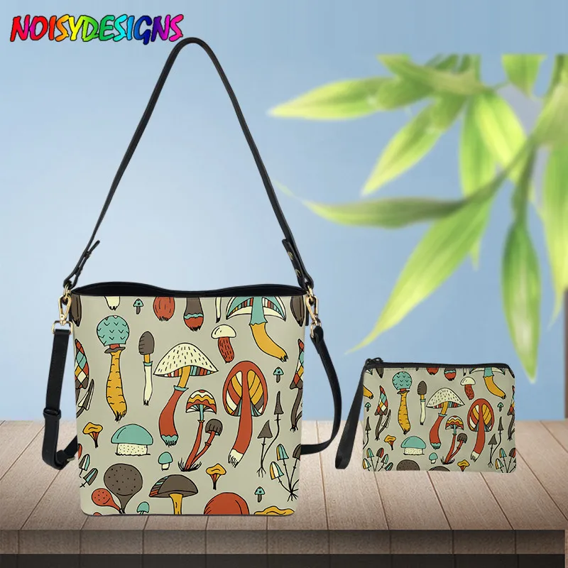 

NOISYDESIGNS Mushrooms Printing Shoulder Bags Women Bucket PU Leather Shoulder Bag Large Capacity Crossbody Bags Female Handbag