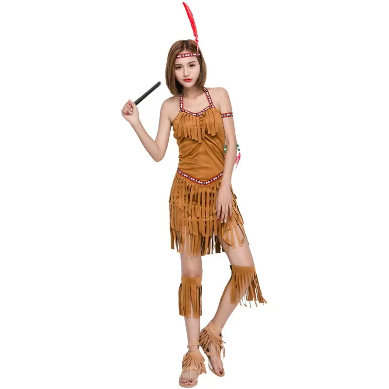 

Women Halloween Indians Costume Female Hunter Primitive Cosplay Carnival Purim Parade Stage Show Nightclub Role Play Party Dress