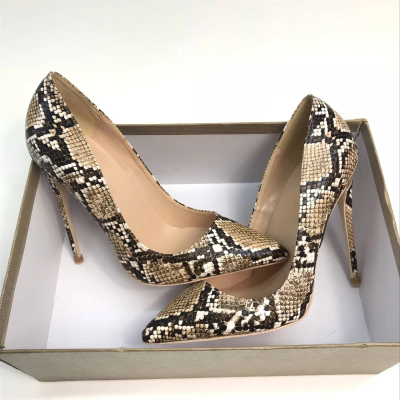 Tikicup Embossed Python Pattern Women Sexy Pointy Toe Stiletto High Heels 8cm 10cm 12cm Ladies Party Club Pumps Plus Size 33-45