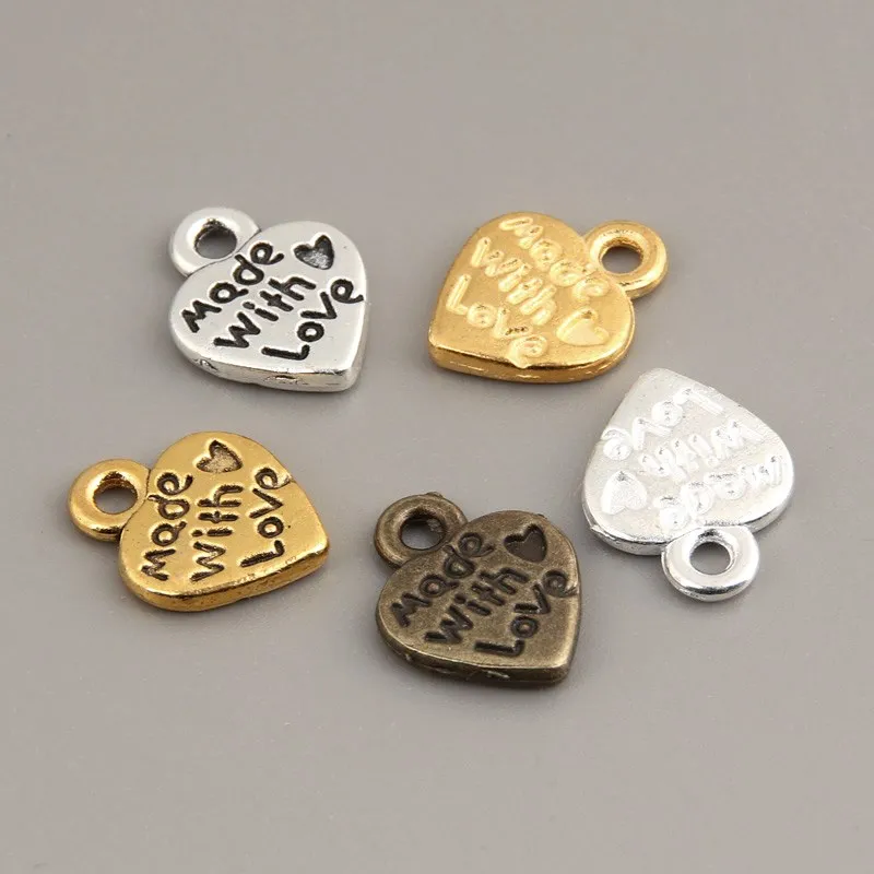 100pcs  plated Metal Alloy Mixed Color Made with Love Heart Charms Pendant Findings 12mmx10mm