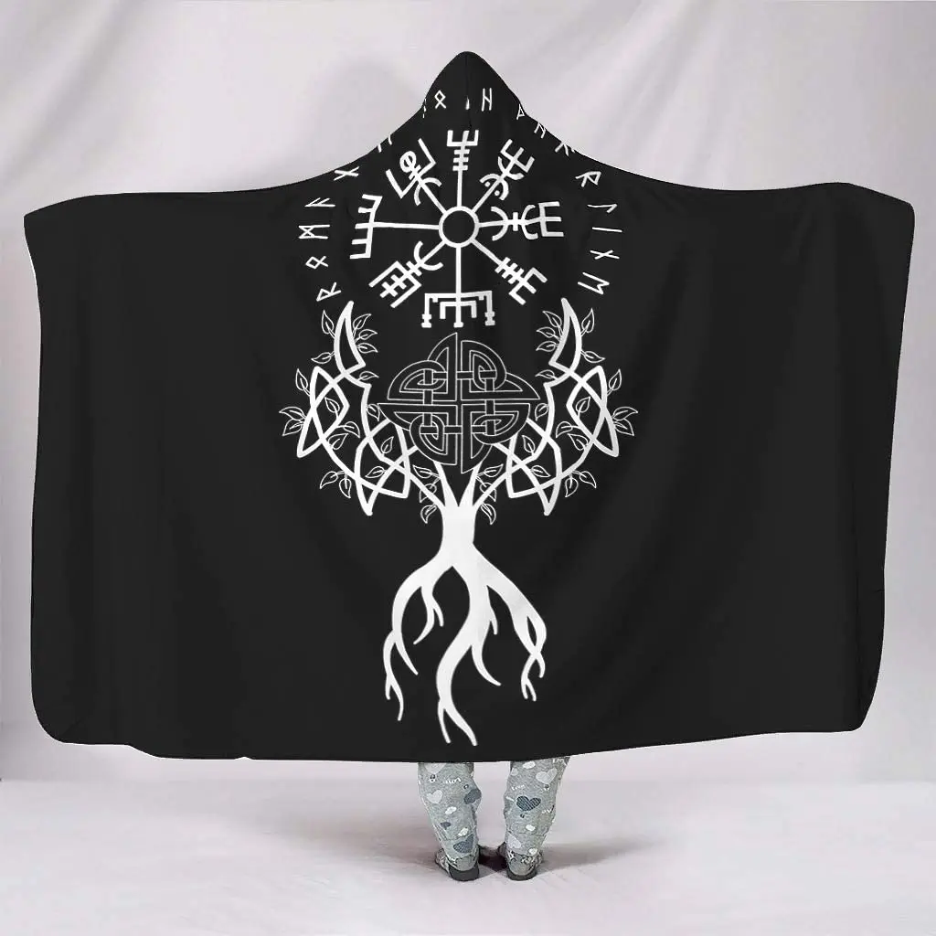 Ethnic Tree of Life Vegvísir Scandinavian Runes Knot Totem Viking Yggdrasil Futhark Runes Norse Mythology Print Hooded Blankets