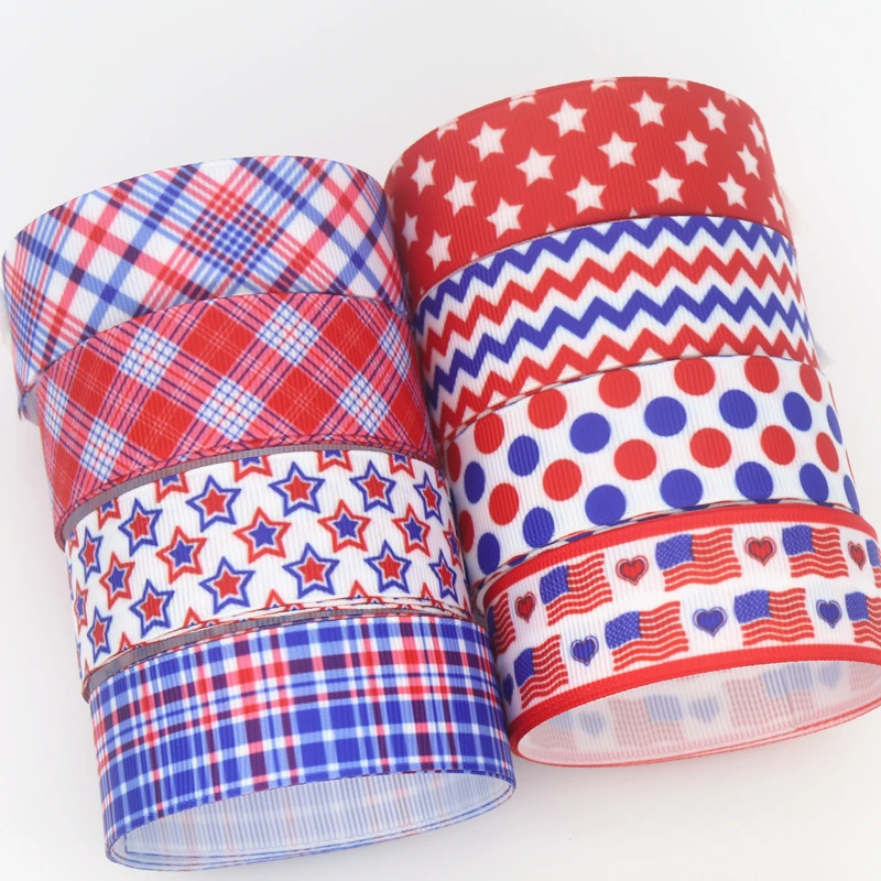 DHK 50yards 4th Of July Star Plaid Stripe Printed Grosgrain Ribbon Accessory Hairbow Headwear Decoration DIY Wholesale OEM S1449