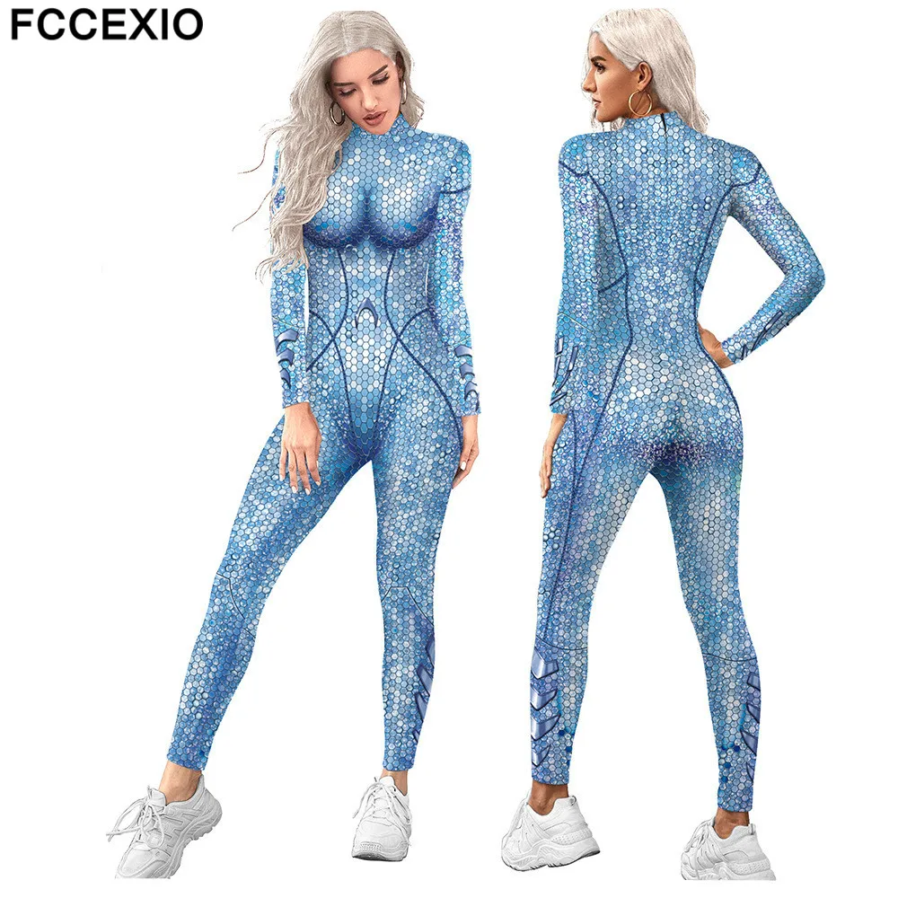 FCCEXIO-monos de lentejuelas con estampado 3D de pez azul para mujer, monos sexys de manga larga para Cosplay, S-XL ajustados para fiesta, 2021