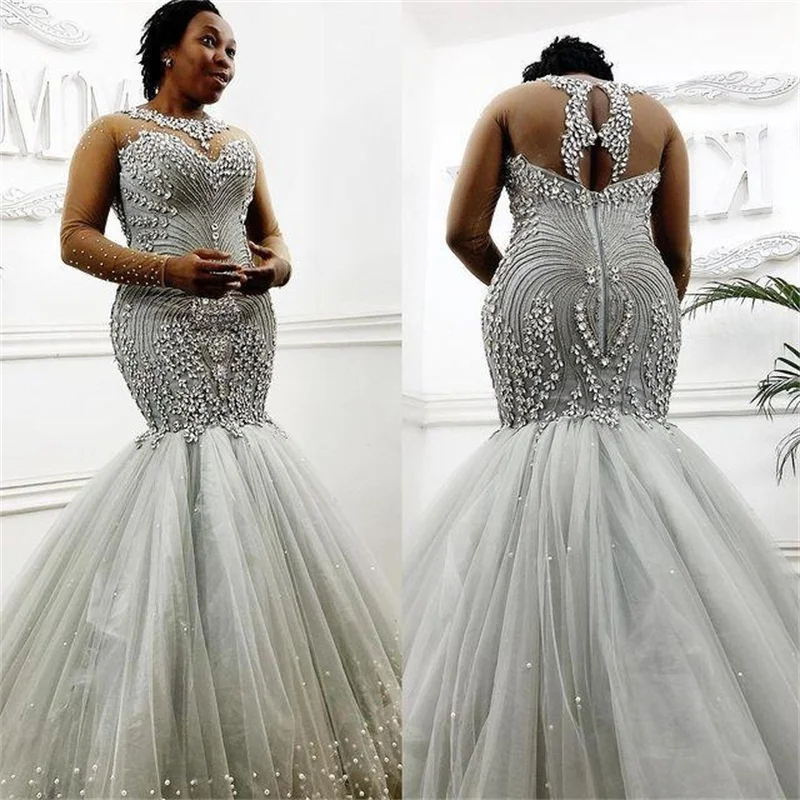 Vestido de noiva de luxo estilo sereia, vestido de noiva plus size com mangas compridas, gola transparente